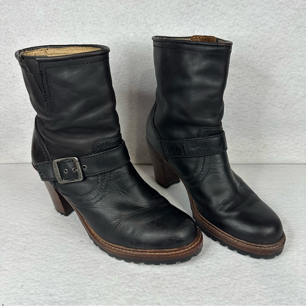 Frye Lucy Engineer Black Leather Boots with Buckle - Women Size 9